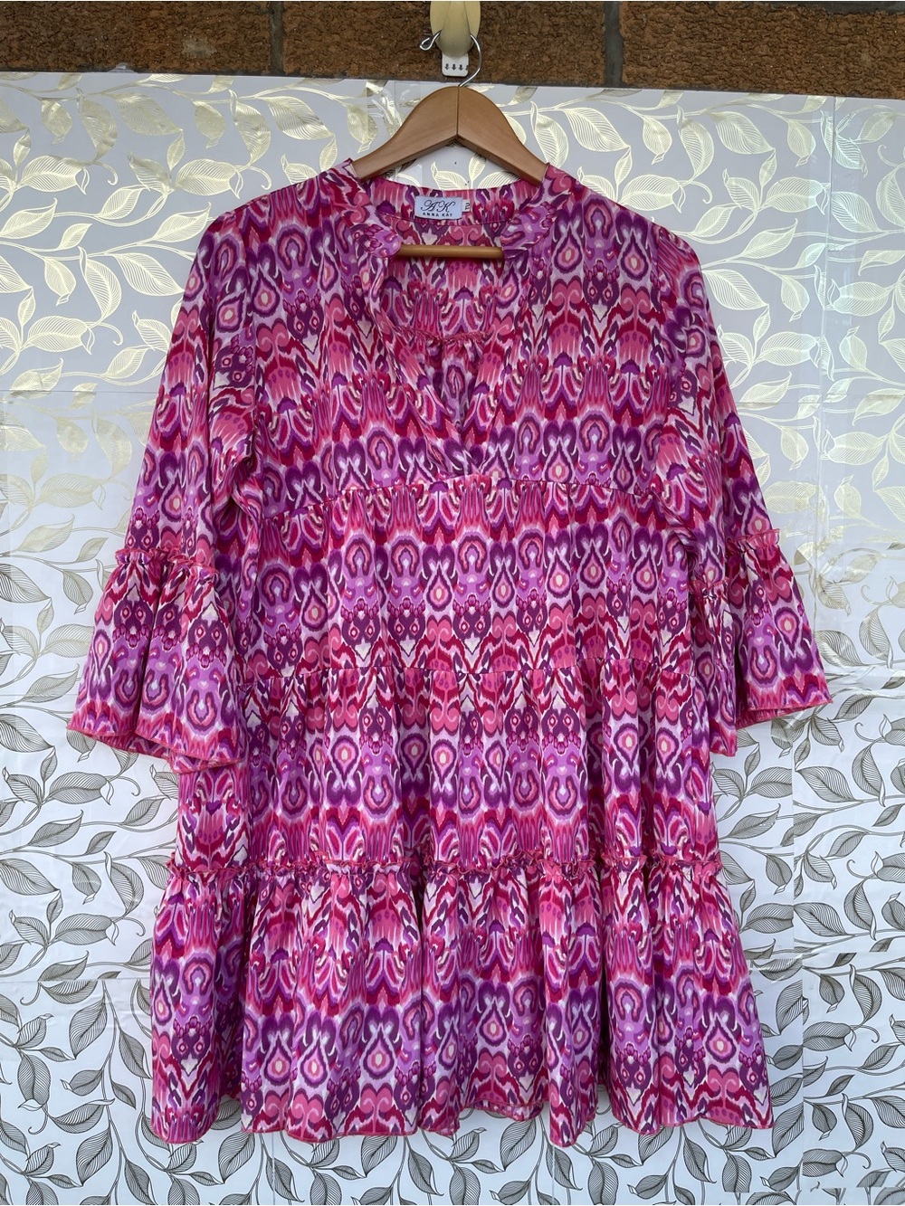 Anna Kay Pink Ikat Tiered Boho Dress Size TU Free Size Bohemian Flowy Tunic